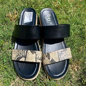 WOMENS Franco Sarto black & snakeskin 2 strap padded sandals size 9.5